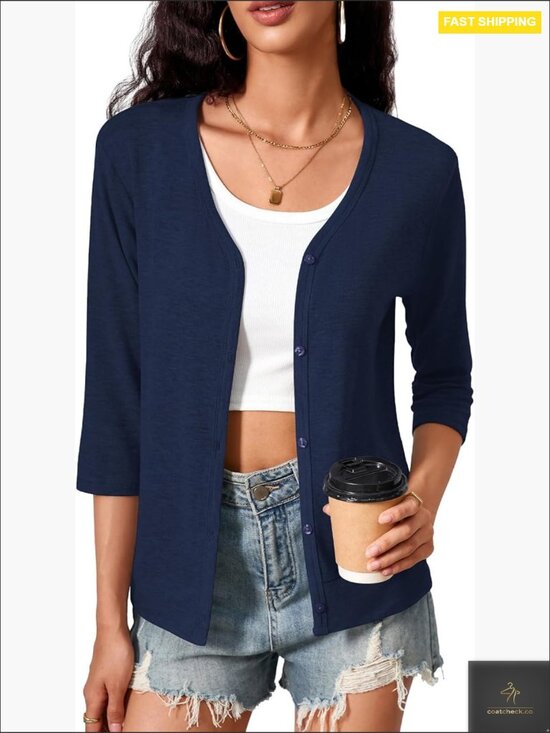 Sweaters - Lightweight Knit Cardigan 3/4 Sleeve Button Down Open Front Summer Cover Up